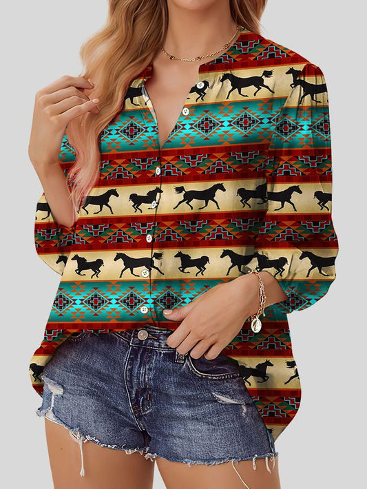 Joycorners Southwestern Horse Brown Casual V Neckline Long Sleeve Blouses