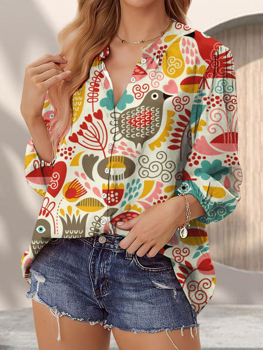 Joycorners Chicken Flowers Casual V Neckline Half Sleeve Blouses