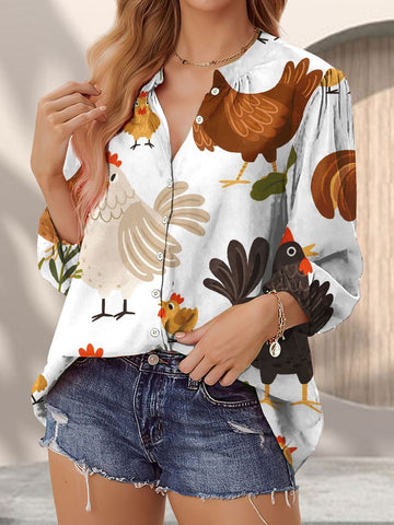 Joycorners Rooster Chicken Casual V Neckline Half Sleeve Blouses