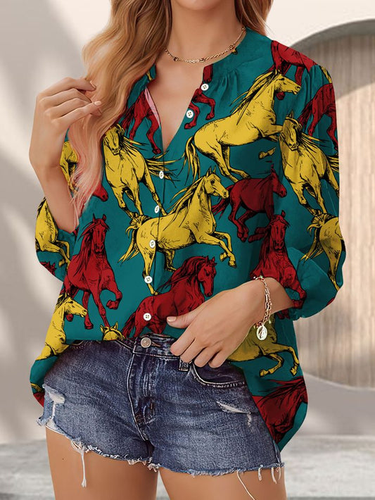 Joycorners Running Beautiful Horses Colorful Casual V Neckline Half Sleeve Blouses