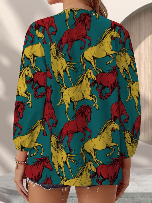 Joycorners Running Beautiful Horses Colorful Casual V Neckline Half Sleeve Blouses