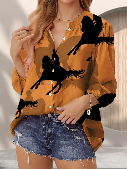 Joycorners Silhouettes Sports Horses Riders Brown Casual V Neckline Half Sleeve Blouse