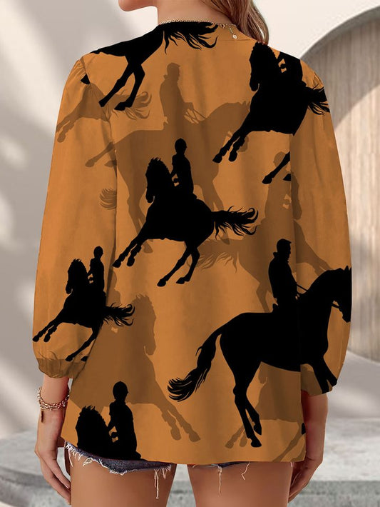 Joycorners Silhouettes Sports Horses Riders Brown Casual V Neckline Half Sleeve Blouse