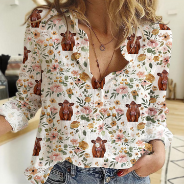 Joycorners Blossom Pattern Limousin Cattle Casual Shirt