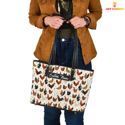 Joycorners Chicken Pattern Personalized Name Leather Tote Bag - Mother's Day Gift