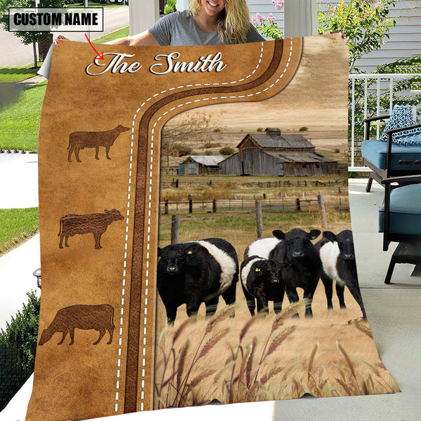 Joycorners Personalized Name Belted Galloway Cattle In Field Farmhouse Blanket