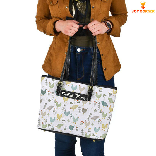 Joycorners Chicken Pattern Personalized Name Leather Tote Bag - Mother's Day Gift