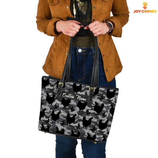 Joycorners Chicken Camo Pattern Personalized Name Leather Tote Bag - Mother's Day Gift