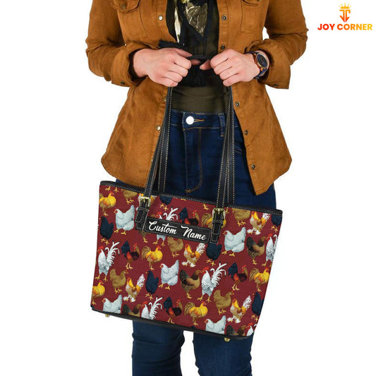 Joycorners Chicken Pattern Personalized Name Leather Tote Bag - Mother's Day Gift