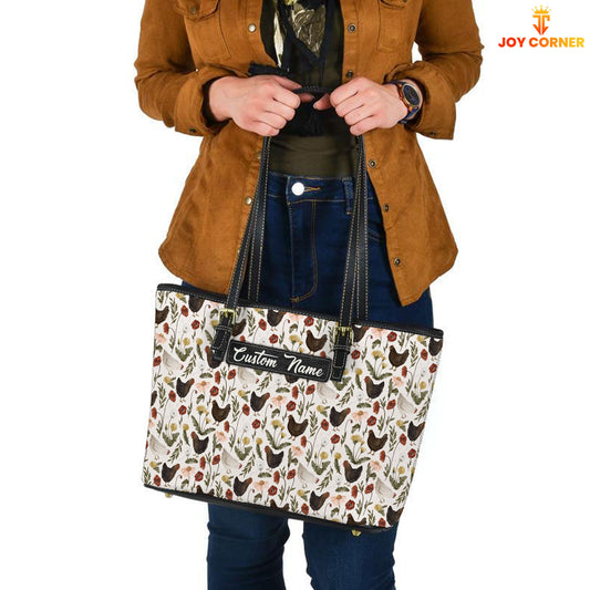 Joycorners Chicken Pattern Personalized Name Leather Tote Bag - Mother's Day Gift