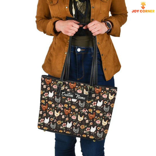 Joycorners Chicken Pattern Personalized Name Leather Tote Bag - Mother's Day Gift