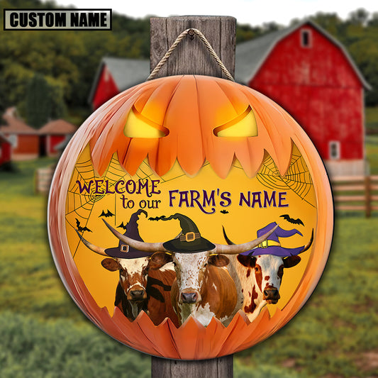 Joycorners Texas Longhorn Welcome To Our Farm Pumpkin Pattern Happy Halloween Wooden Sign