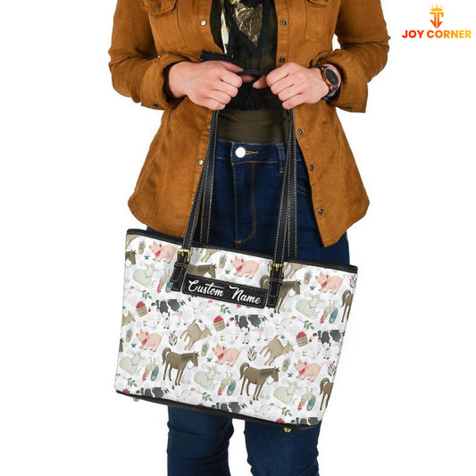 Joycorners Farm Animal Personalized Name Leather Tote Bag - Mother's Day Gift