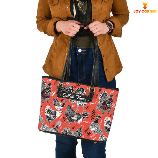 Joycorners Chicken Pattern Personalized Name Leather Tote Bag - Mother's Day Gift