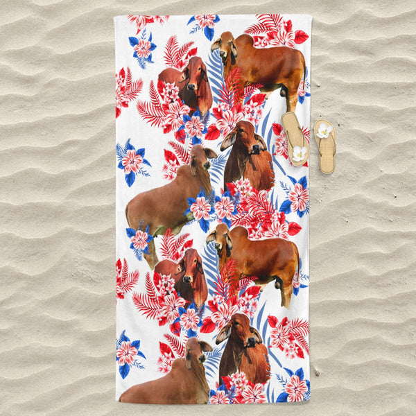 Red Brahman Cattle Hawaiian Inspiration Beach Towel