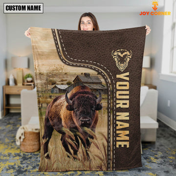 Joycorners Personalized Name Bison Brown Leather Pattern Blanket