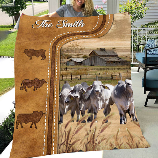 Joycorners Personalized Brahman Cattle In Field Farmhouse Blanket