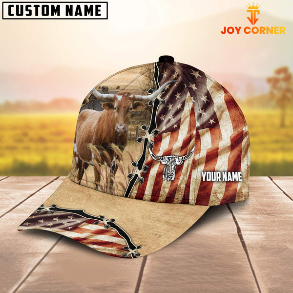 Joycorners Texas Longhorn American Flag Custom Name Retro Cap