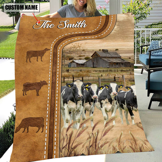 Joycorners Personalized Holstein Cattle In Field Farmhouse Blanket