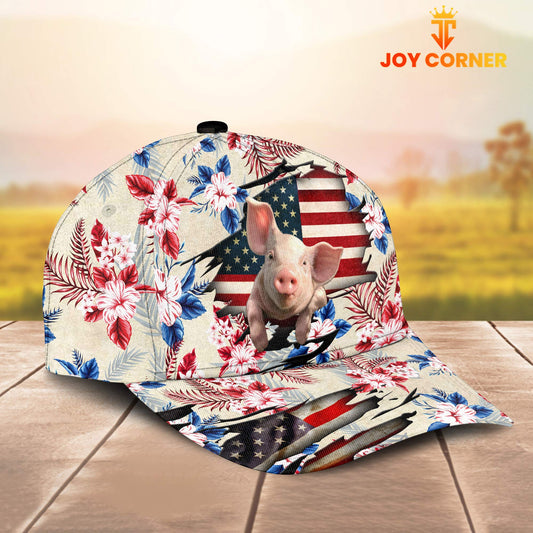 Joycorners Pig American Flag Flowers Pattern Cap