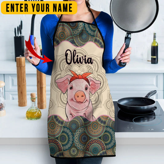 Joycorners Personalized Name Mandala Pattern Pig All Over Printed 3D Apron