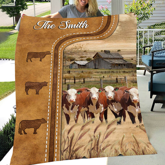 Joycorners Personalized Hereford Cattle In Field Farmhouse Blanket
