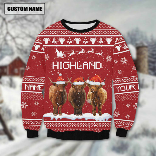 Joycorners Highland Cattle Custom Name Happy Xmas Sweater