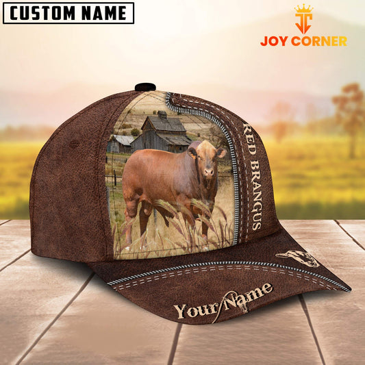 Joycorners Red Brangus Customized Name Leather Pattern Cap