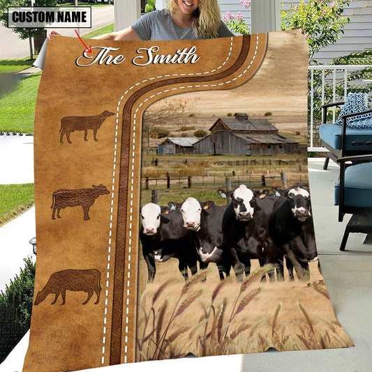 Joycorners Personalized Black Baldy Cattle In Field Farmhouse Blanket