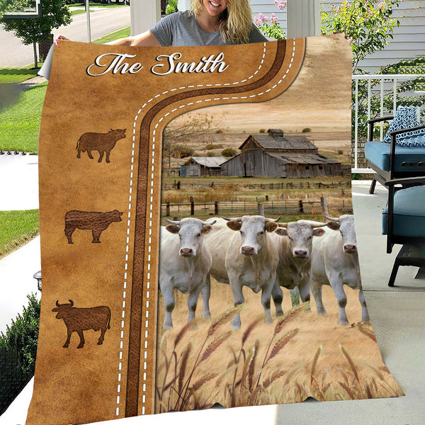 Joycorners Personalized Charolais Cattle In Field Farmhouse Blanket