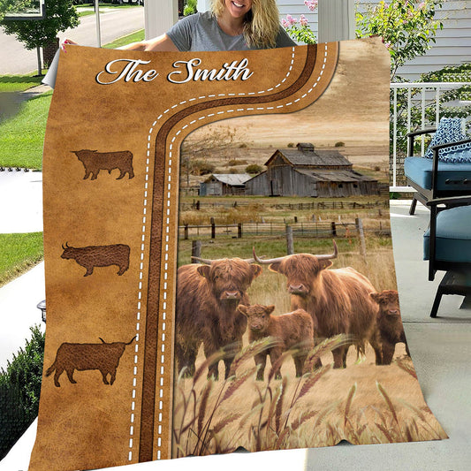 Joycorners Personalized Highland Cattle In Field Farmhouse Blanket