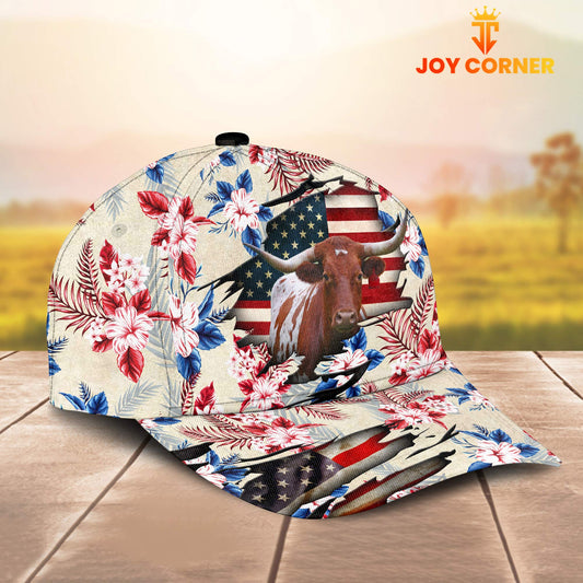 Joycorners TX Longhorn American Flag Flowers Pattern Cap