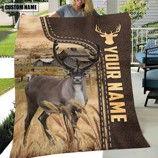 Joycorners Personalized Name Reindeer Leather Pattern Blanket