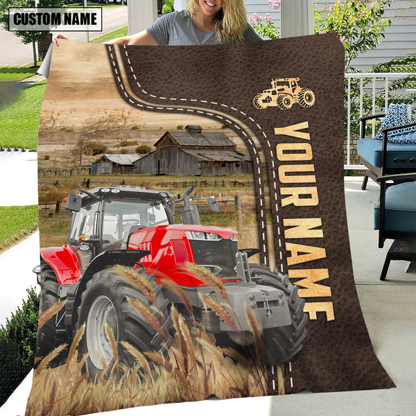 Joycorners Personalized Name Red Tractor Leather Pattern Blanket