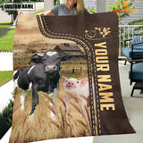Joycorners Personalized Name Pig and Cows Leather Pattern Blanket