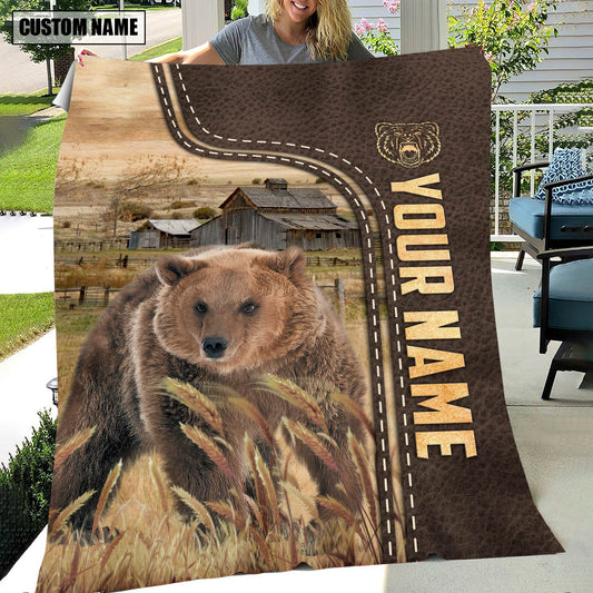 Joycorners Personalized Name Bear Leather Pattern Blanket