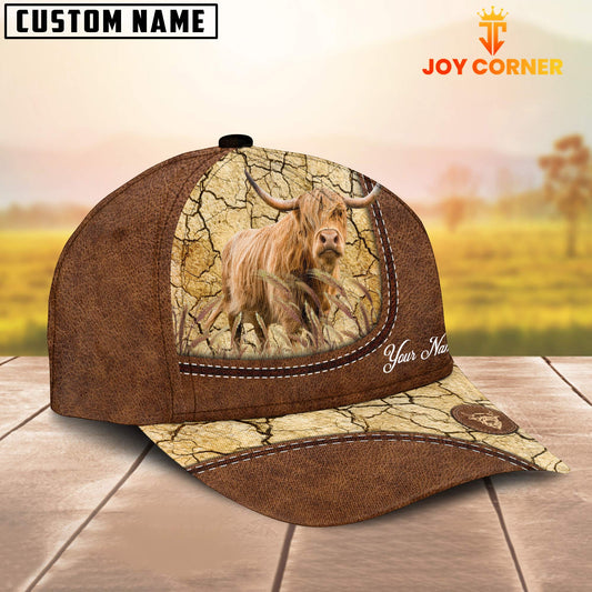 Joycorners Custom Name Highland Cattle Leather Pattern Brown Cap