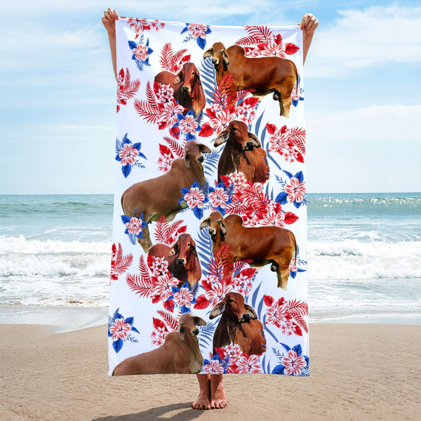 Red Brahman Cattle Hawaiian Inspiration Beach Towel