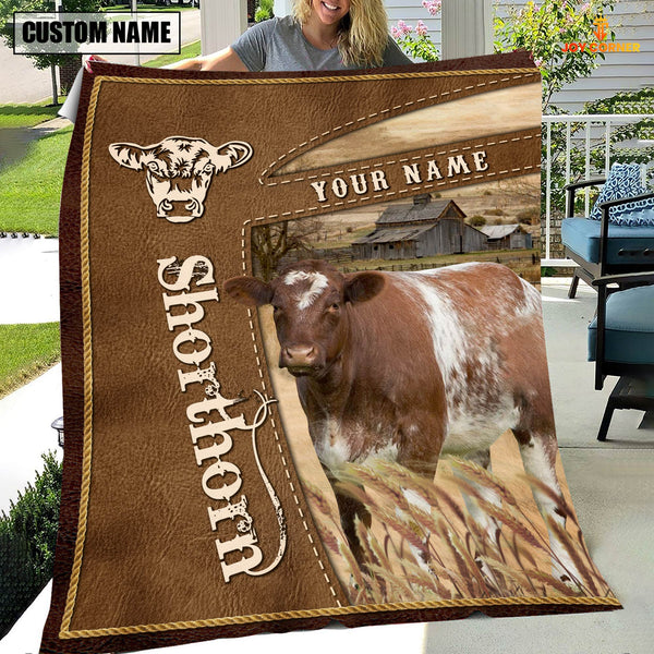Joycorners Personalized Name Shorthorn Farm Leather Brown Blanket