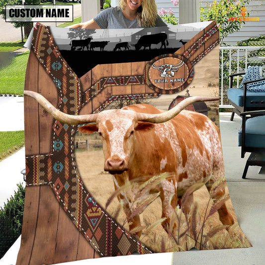 Joycorners Texas Longhorn Custom Name Brocade Pattern Blanket