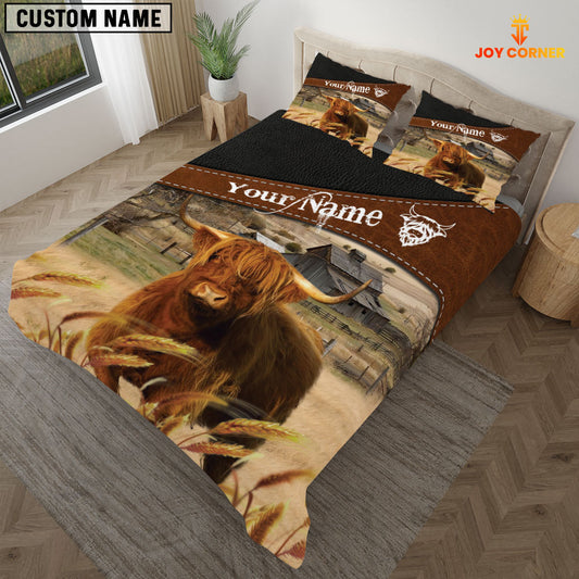 JoyCorners Highland Cattle On The Field Customized Name 3D Bedding Set