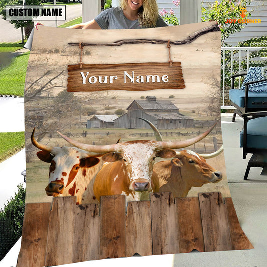 Joycorners Personalized Name Texas Longhorn Wooden Pattern Blanket