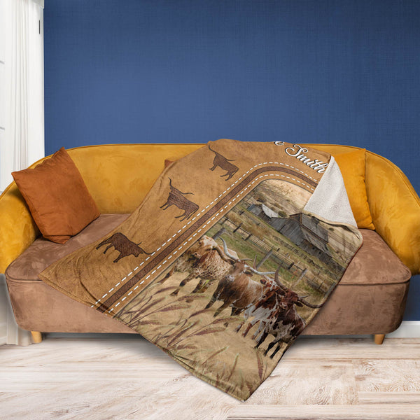 Joycorners Personalized Texas Longhorn Cattle In Field Farmhouse Blanket