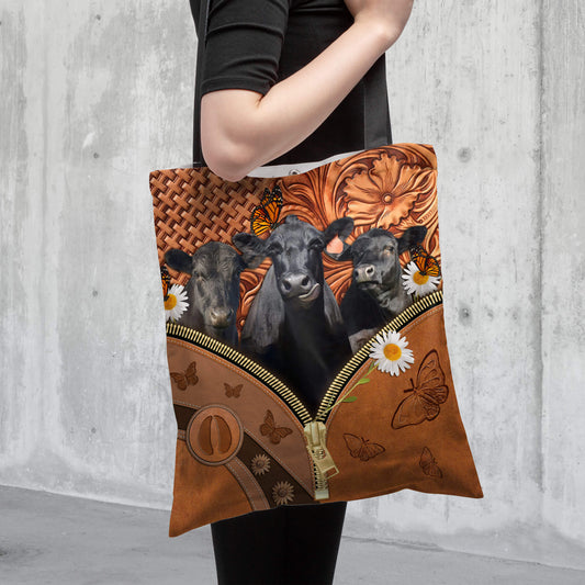 Joycorners Black Angus Daisy Flower and Butterfly All Over Printed 3D Tote Bag
