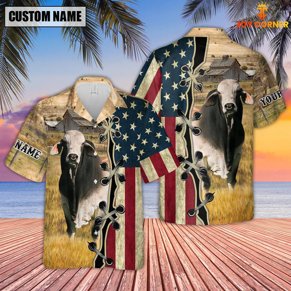 Joycorners Custom Name Brahman Cattle American Flag 3D Shirt