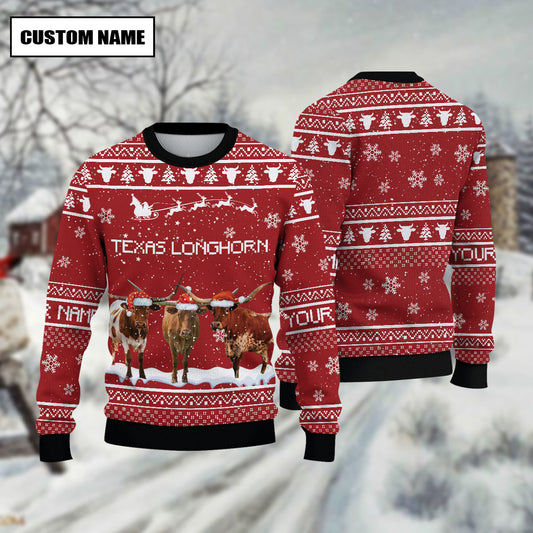 Joycorners Texas Longhorn Custom Name Happy Xmas Sweater