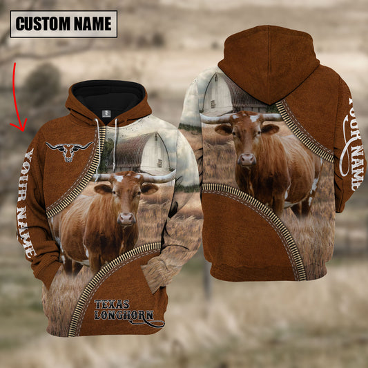 Joycorners Custom Name Texas Longhorn Cattle Leather Zipper 3D Hoodie