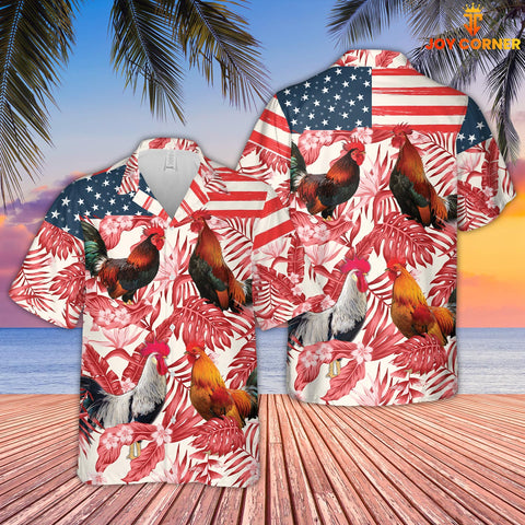 Joycorners Rooster Red Floral US Flag 3D Hawaiian Shirt