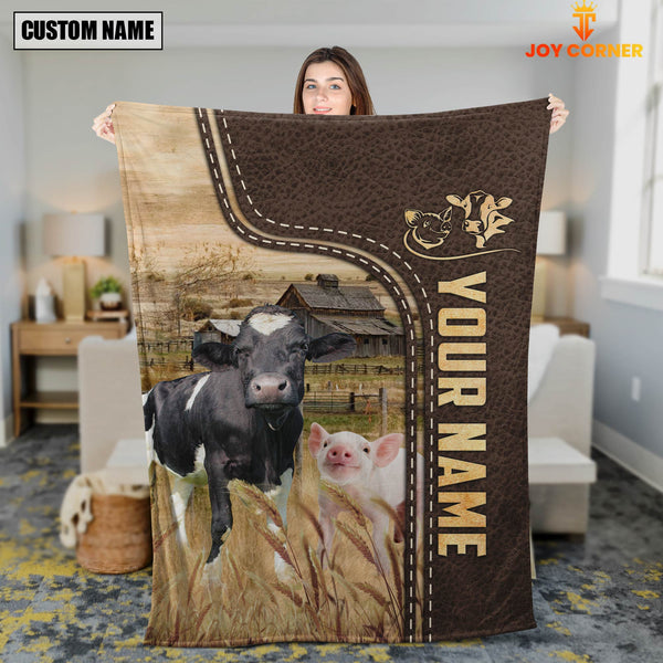 Joycorners Personalized Name Pig and Cows Leather Pattern Blanket