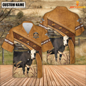 Joycorners Custom Name Black Hereford Leather Pattern Hawaiian Shirt